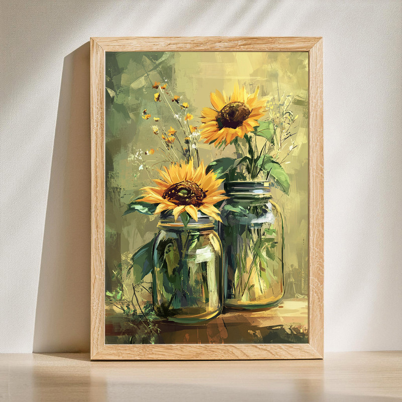 Sunflowers in mason jars canvas wall art, rustic farmhouse style, bright blooms bring cozy charm to kitchen or dining room | Family Wall Decor