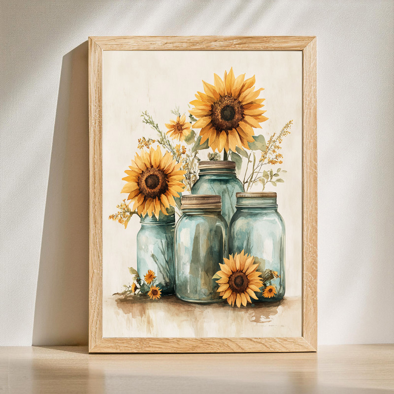 Mason jars with sunflowers and wild herbs canvas wall art, blue glass on rustic wood table, farmhouse style, horizontal scene | Family Wall Decor