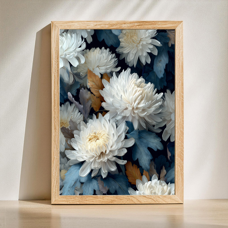 Midnight chrysanthemums canvas wall art with a single bloom on deep navy, elegant botanical style, vertical orientation | Family Wall Decor