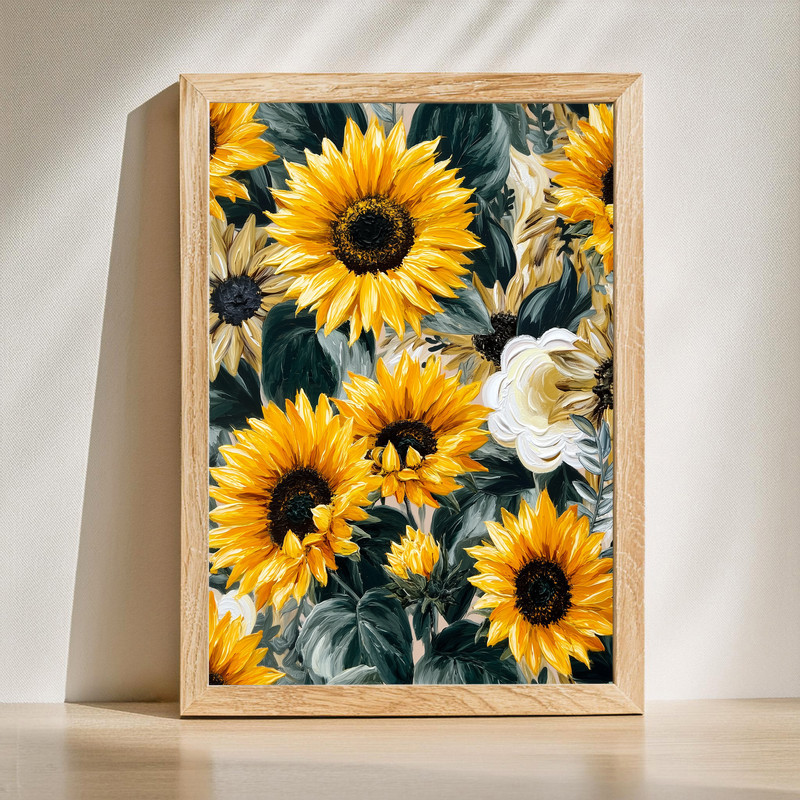 Sunflower florals canvas wall art in modern farmhouse style, yellow blooms with greenery on neutral canvas, landscape. | Family Wall Decor