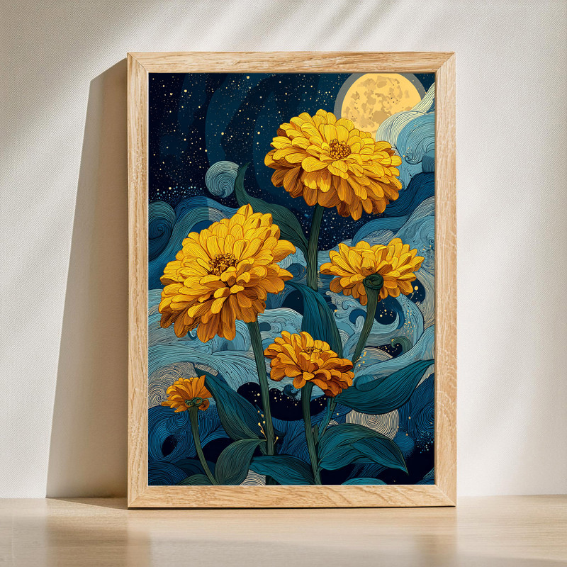 Moonlit zinnia botanical canvas wall art with flowing blooms under a starry night sky, deep indigo tones and celestial glow | Family Wall Decor