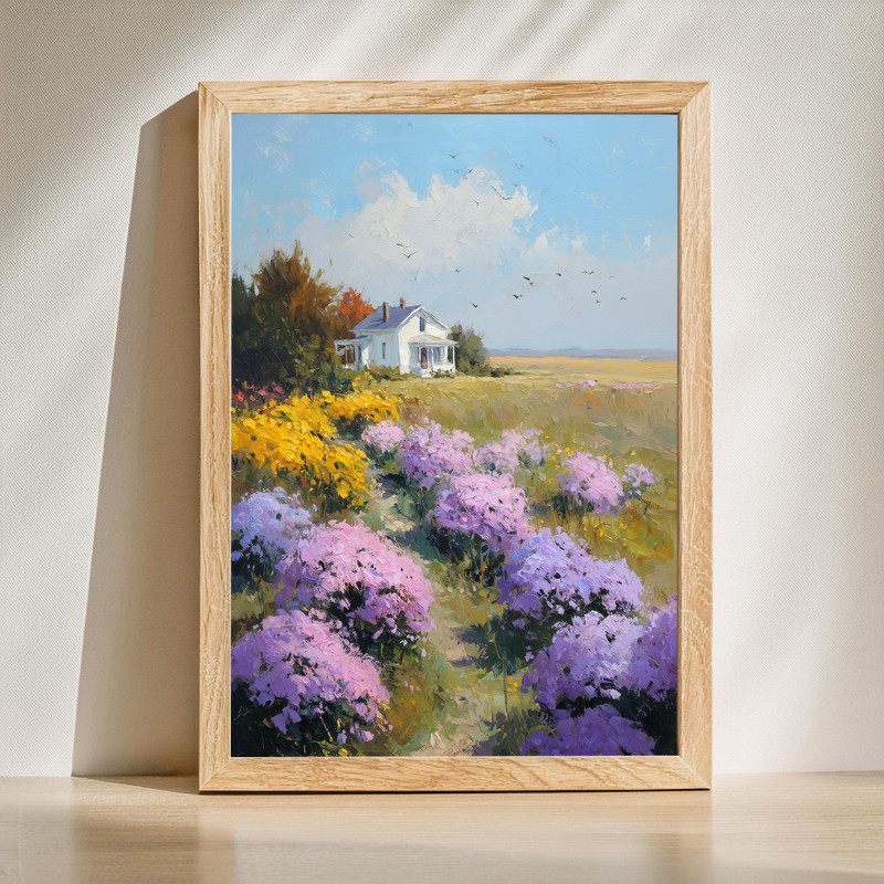 Morning Light on Chrysanthemum Farm canvas wall art, impressionist oil painting of blooming rows under warm golden dawn | Family Wall Decor