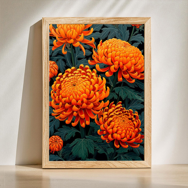 Orange chrysanthemums oil painting canvas wall art, bold floral on charcoal background, portrait impasto texture | Family Wall Decor