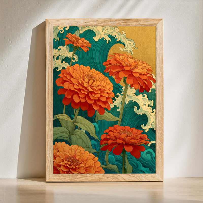 Orange zinnias and ocean waves canvas wall art, Japanese inspired floral scene with indigo swells and vivid coral blooms | Family Wall Decor