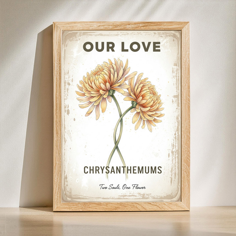 Romantic chrysanthemum canvas wall art with soft pink blooms and Our Love Eternal script, floral accent for bedroom decor | Family Wall Decor