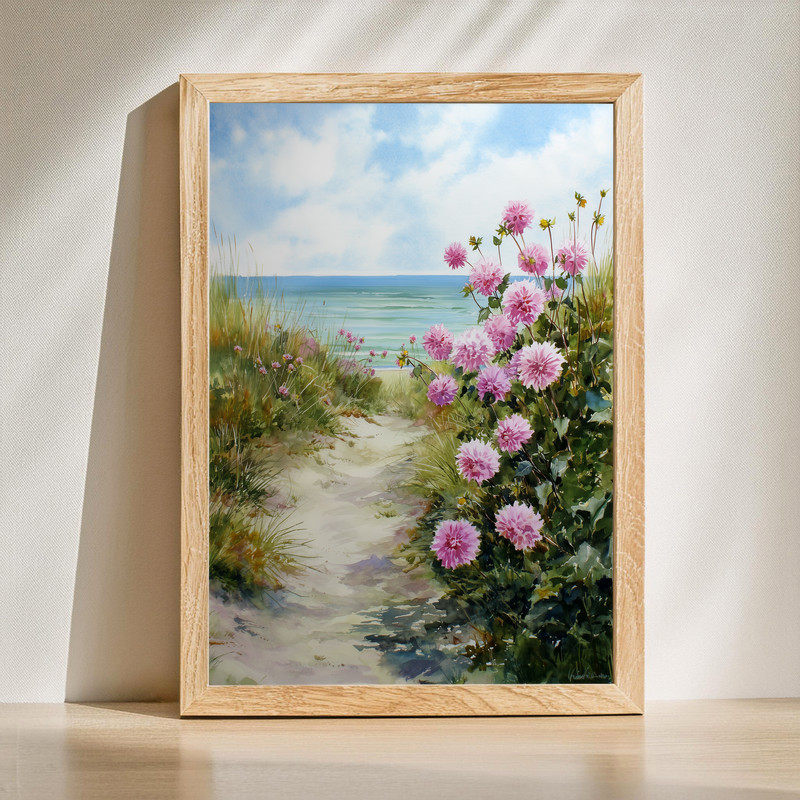 Pink Dahlias By The Shore, Serene Coastal Watercolor Canvas Wall Art | Family Wall Decor