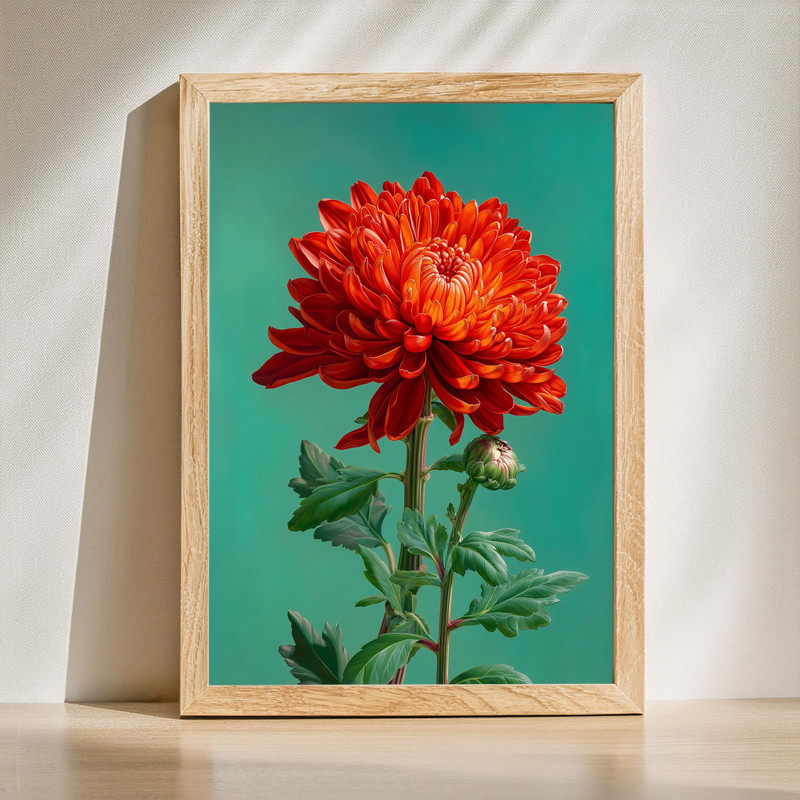 Radiant red chrysanthemum canvas wall art, bold floral oil painting with textured petals, portrait format for living rooms | Family Wall Decor