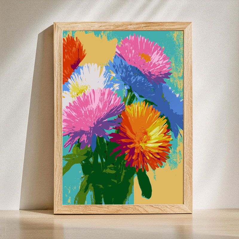 Retro 1960s Pop Art - Asters Floral Bouquet Canvas Wall Art | Family Wall Decor