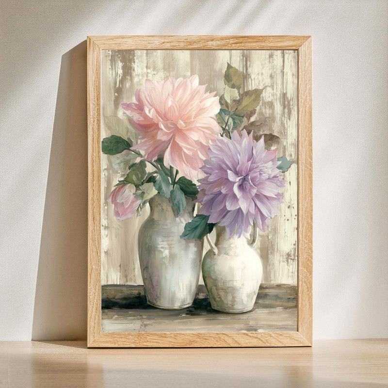 Rustic Harmony, Dahlia Still Life Canvas Wall Art | Family Wall Decor