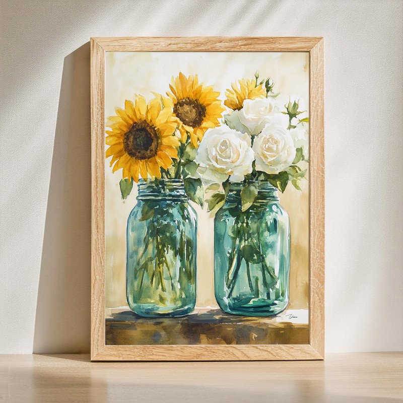 Rustic sunflowers in mason jars canvas wall art for farmhouse decor, set against whitewashed wood planks with twine accents | Family Wall Decor