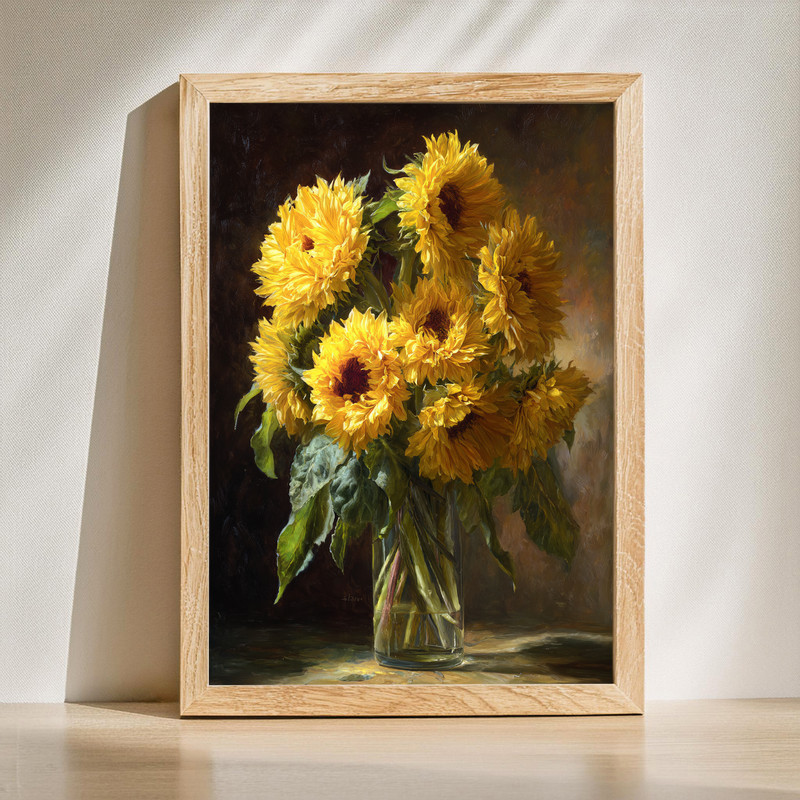 Rustic sunflower bouquet canvas wall art with farmhouse mason jar on weathered wood background, warm golden tones, portrait | Family Wall Decor