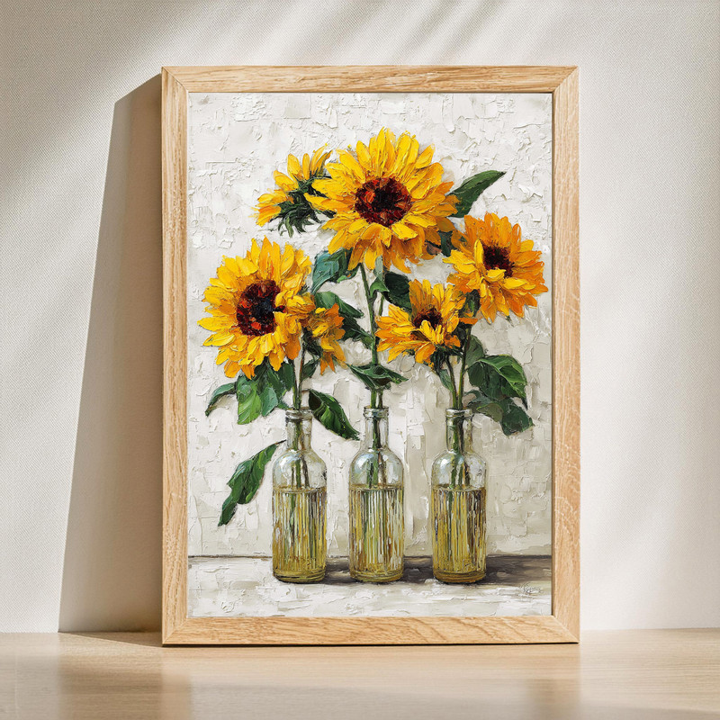 Rustic sunflower vase trio canvas wall art featuring yellow blooms in mason jars on weathered wood, farmhouse decor in warm tones | Family Wall Decor