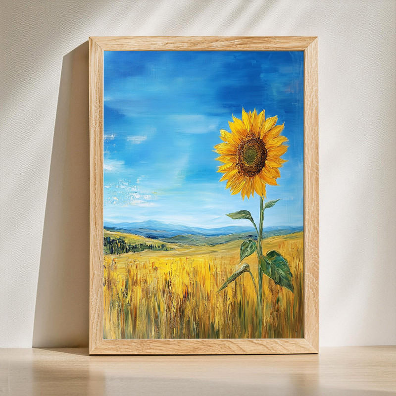 Sunflower canvas wall art featuring a single golden bloom in a green field under a blue sky, portrait orientation | Family Wall Decor