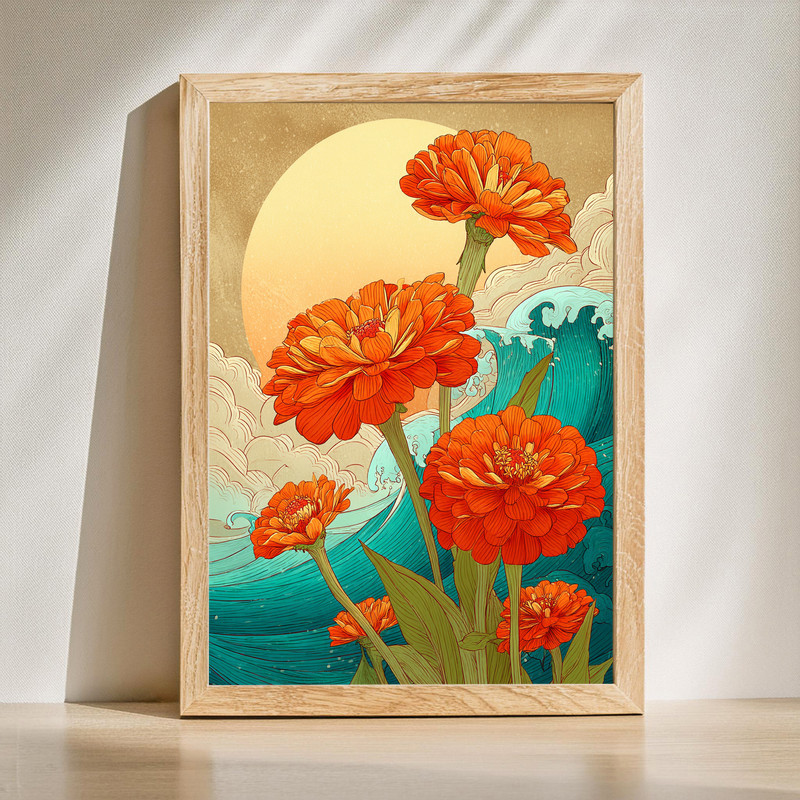Sunrise zinnia canvas wall art blending bold florals and flowing wave motifs in sunrise hues, modern coastal vibe, landscape | Family Wall Decor