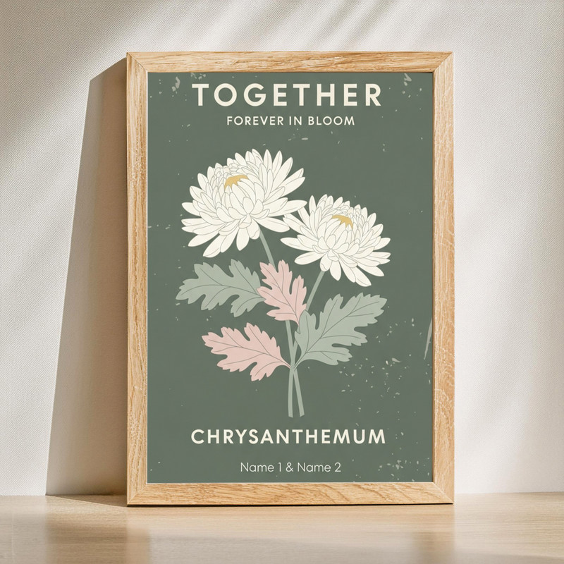 Chrysanthemum couple canvas wall art, intertwined blush and ivory blooms, romantic floral decor ideal for bedroom. | Familywalldecor