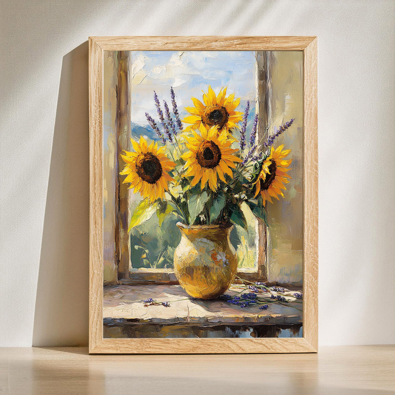 Vase of sunflowers and lavender canvas wall art, rustic farmhouse style, portrait orientation with yellow and purple tones | Family Wall Decor