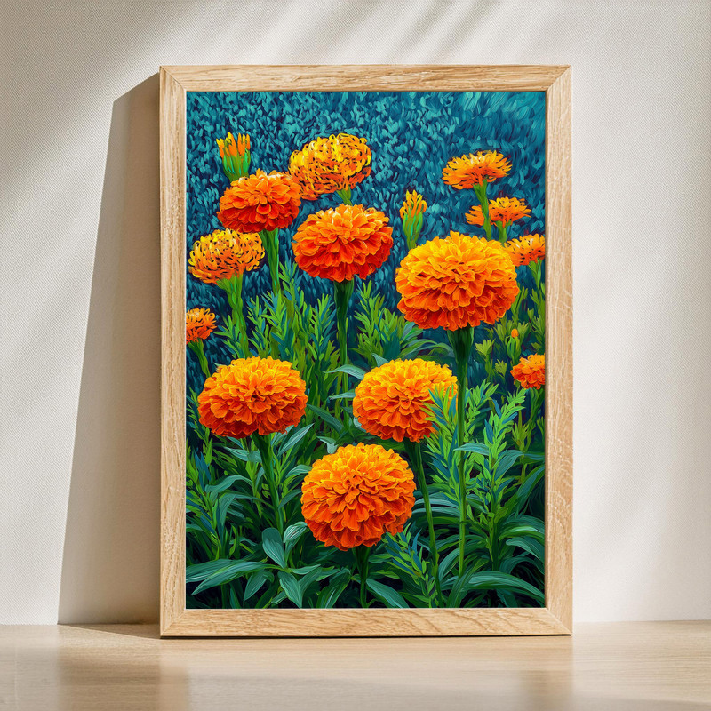 Marigold garden canvas wall art with vibrant orange blooms and lush green foliage, botanical accent for living room decor | Familywalldecor