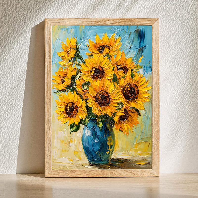 Vibrant sunflowers canvas wall art with a classic vase bouquet, bright yellow petals and green leaves on a neutral backdrop | Family Wall Decor