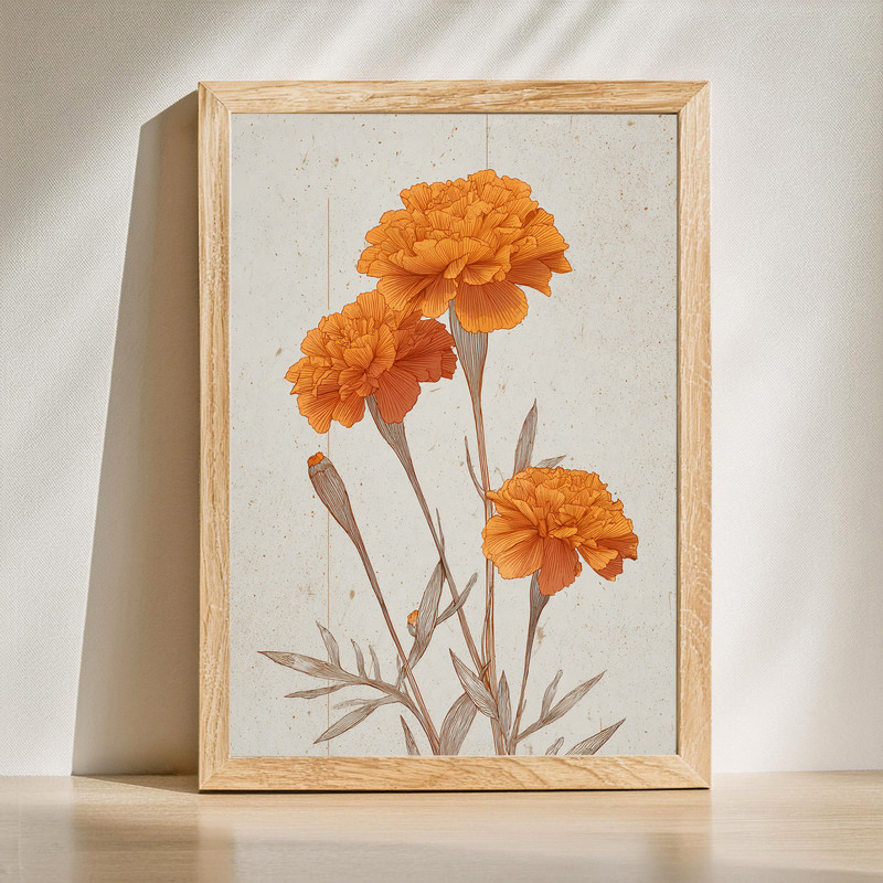 Vintage marigold botanical canvas wall art featuring antique-style flower illustration in botanical study on cream paper. | Family Wall Decor