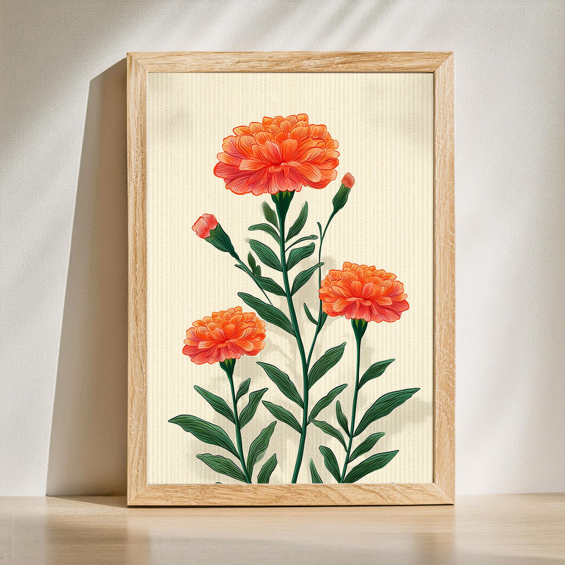 Vintage marigold botanical canvas wall art with gold-yellow blooms and verdant leaves on aged parchment background | Family Wall Decor
