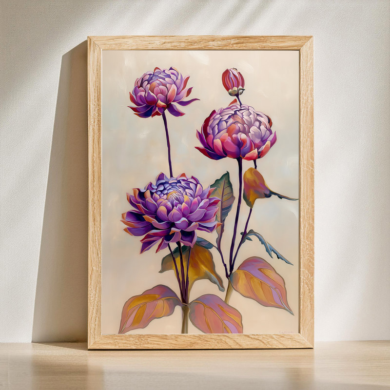 Violet dahlias canvas wall art, modern botanical oil painting with textured brushstrokes and green foliage on light ground | Family Wall Decor