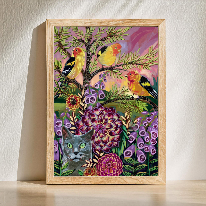 Whimsical garden scene with blooming dahlias canvas wall art, vibrant floral artwork for living room decor, botanical accent | Familywalldecor