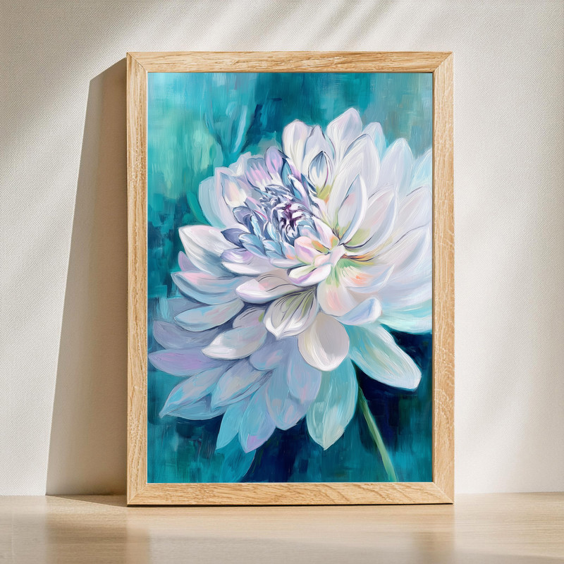 White chrysanthemum oil painting canvas wall art, tranquil floral close-up on neutral beige, soft brushstrokes, portrait | Family Wall Decor