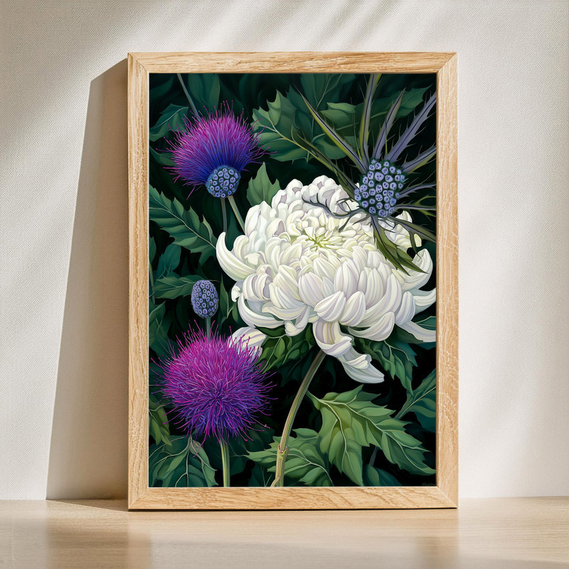 White Chrysanthemums With Thistle, Elegant Botanical Canvas Wall Art | Family Wall Decor