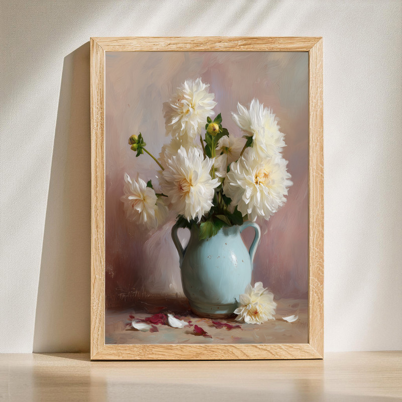 White Dahlias In Blue-Grey Vase, Romantic Still Life Canvas Wall Art | Family Wall Decor