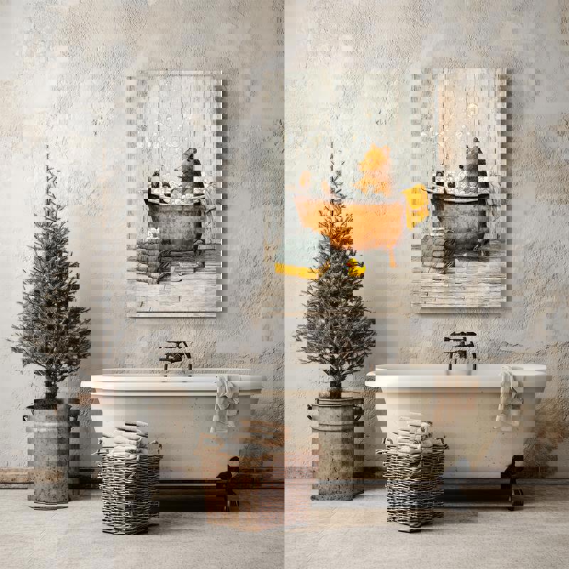 Bear in the tub gallery-wrapped canvas, vintage rustic art for guest bathroom, sepia autumn palette with cozy cabin feel
