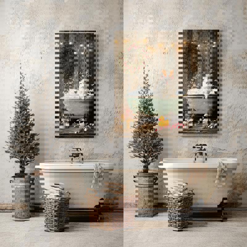Christmas cat canvas, landscape wall art in a whimsical style with a cat in the bathtub, cozy holiday vibe for bathrooms Christmas cat canvas, landscape wall art in a whimsical style with a cat in the bathtub, cozy holiday vibe for bathrooms