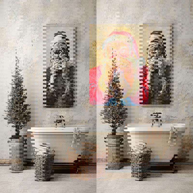 Funny Christmas Santa Claus bathroom decoration canvas, cartoon-style illustration with teal accents for kids’ bathrooms