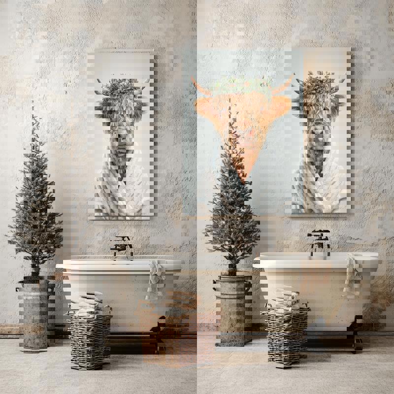 Highland cow in spa robe with festive wreath canvas, humorous holiday bathroom decor for cozy farmhouse or cabin wall