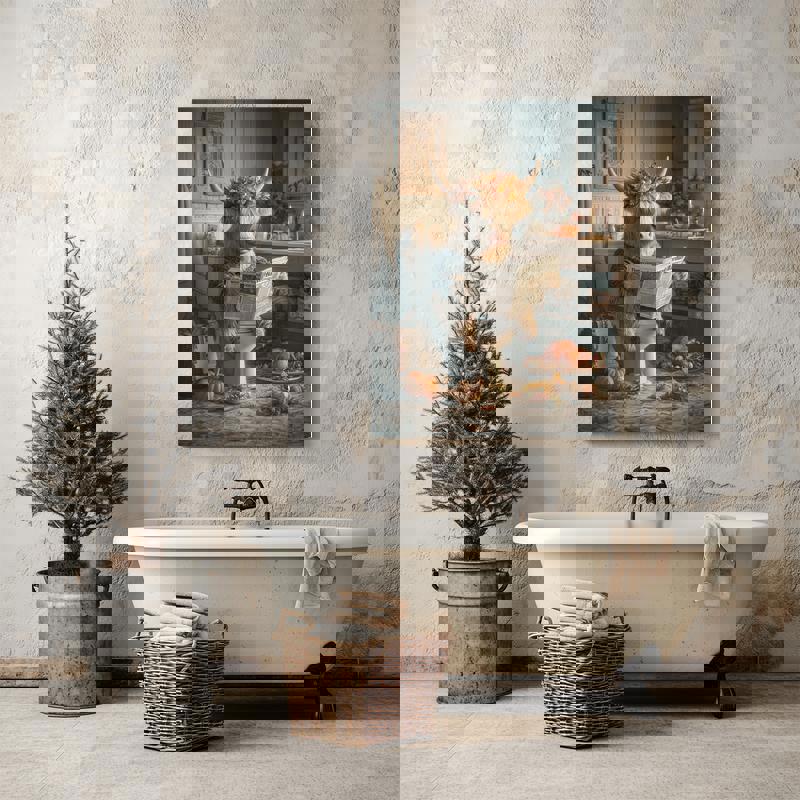 Highland cow toilet humor canvas, fall scene with autumn leaves and corn husks, landscape orientation for farmhouse bathroom