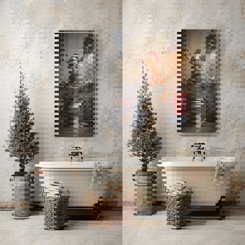 Highland cow in Santa cap on toilet reading newspaper canvas, humorous Xmas bathroom wall decor, wrapped vertical rustic