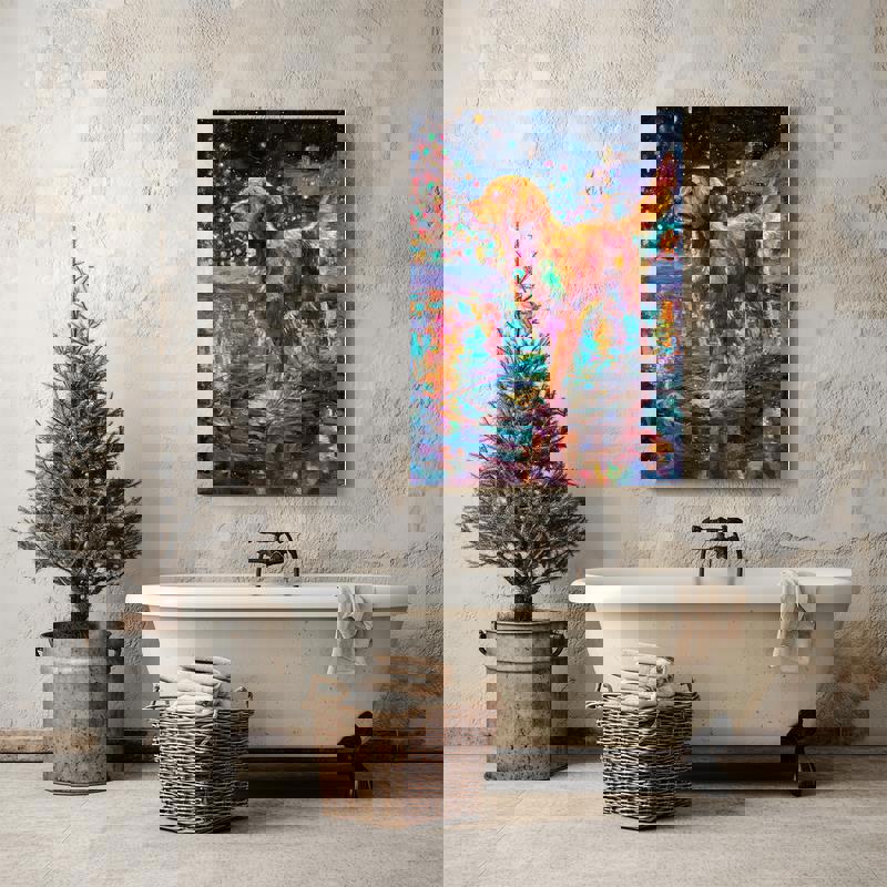 Christmas dog bathroom canvas wall art, whimsical oil brush painting of a shaking pup, neutral palette for powder room decor