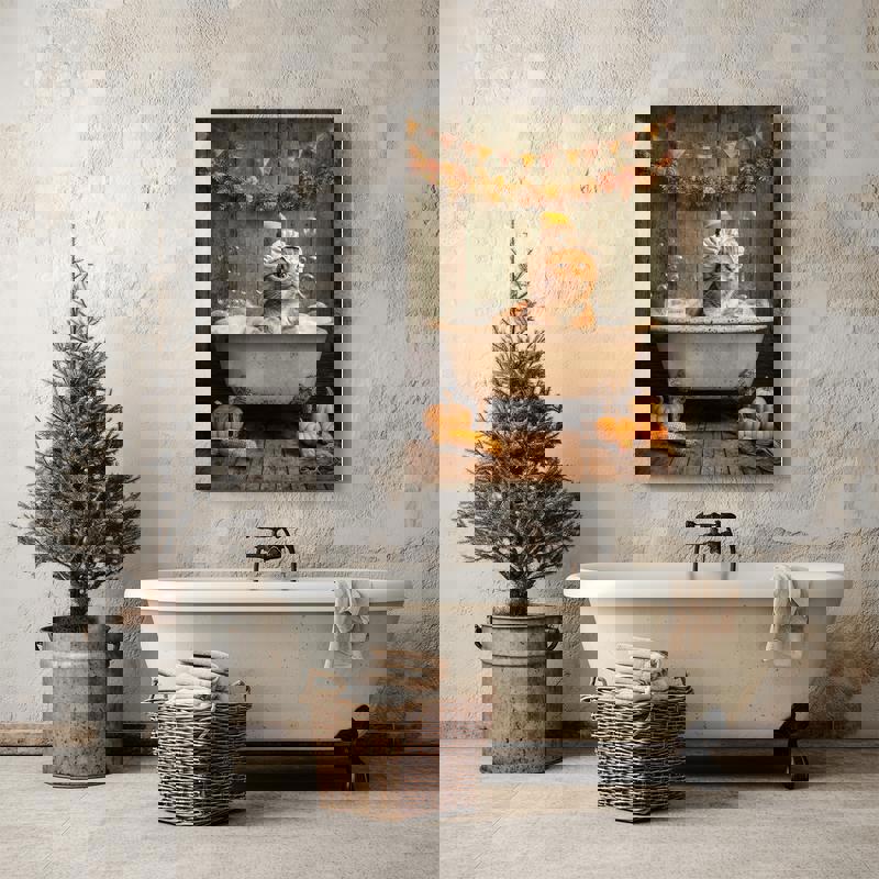 Farmhouse-style cat in vintage tub autumn canvas wall art for bathroom, framed look with pumpkins, vines, and cozy browns