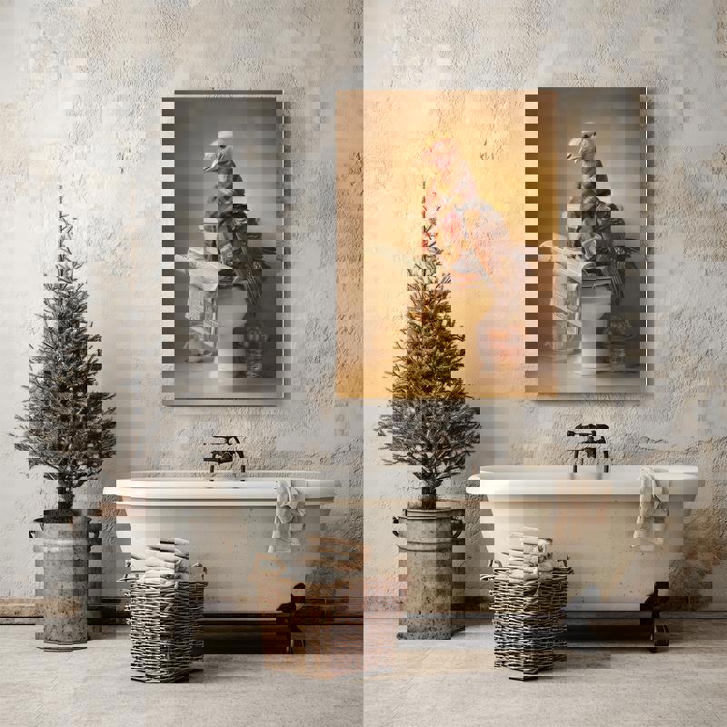 Turkey bathroom canvas wall art with plaid scarf on toilet, funny farmhouse decor for rustic guest bath or washroom.