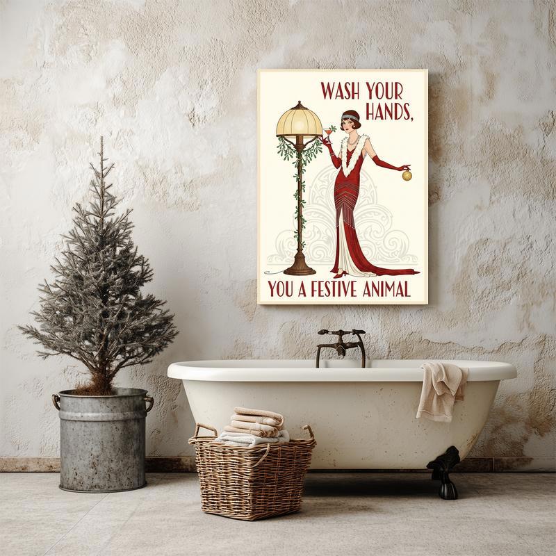 Festive Wash Your Hands canvas wall decor, rustic buffalo plaid background with white script, ideal for cozy bathrooms