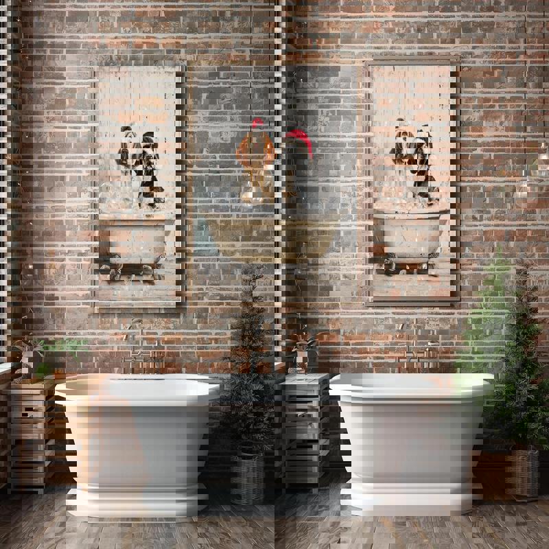 Horizontal Christmas canvas, Blenheim Cavalier and Bloodhound in bathtub, gallery-wrapped bathroom wall art for holiday decor