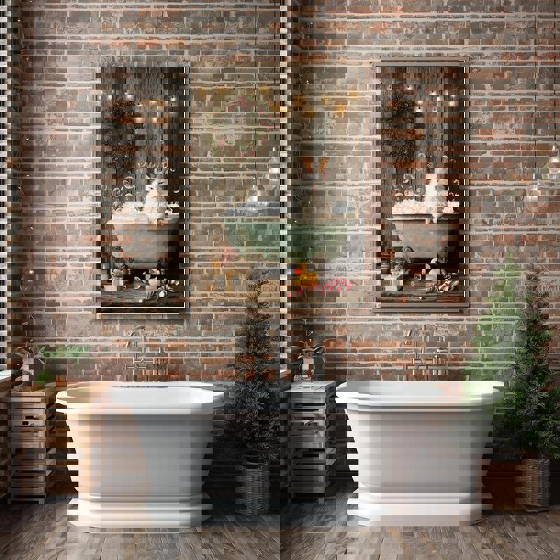 Christmas cat canvas wall art, modern minimalist look featuring a kitty in a tub, festive colors ideal for bathroom walls Christmas cat canvas wall art, modern minimalist look featuring a kitty in a tub, festive colors ideal for bathroom walls