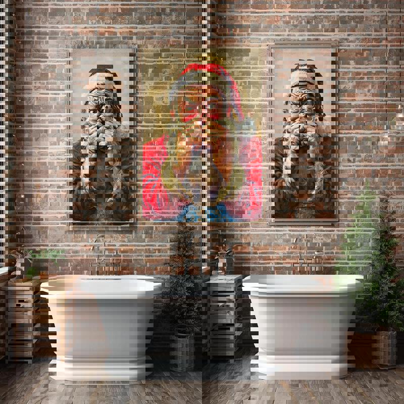 Funny Christmas Santa Claus bathroom decoration canvas print, vintage style in warm reds, holiday decor for washrooms