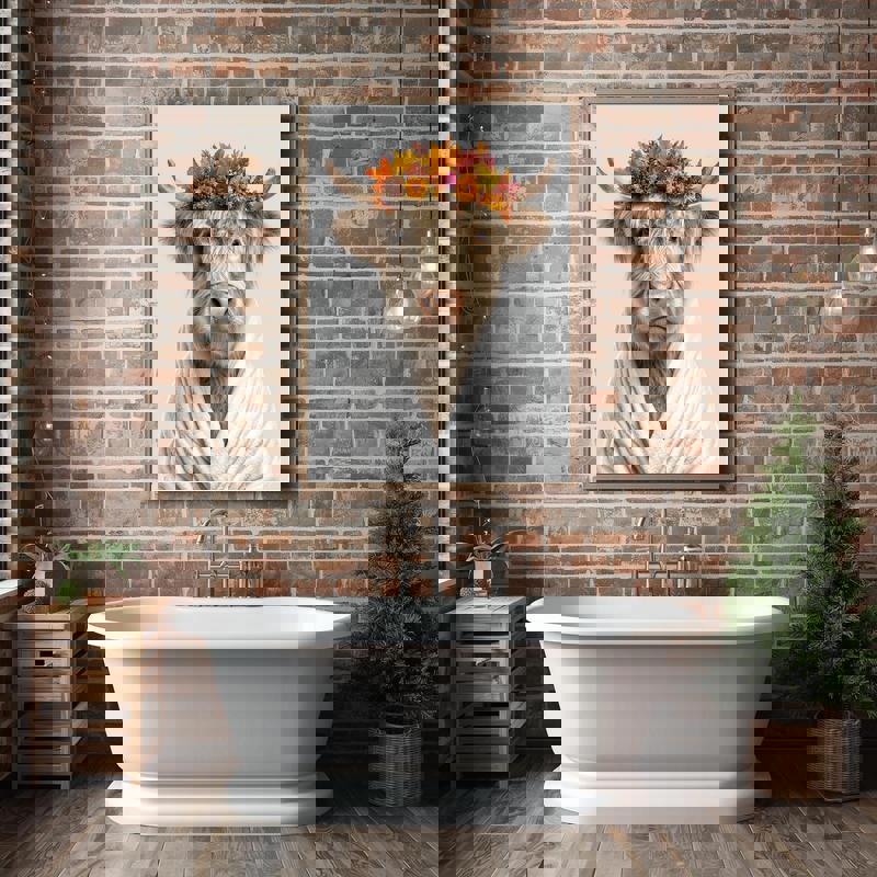 Highland cow canvas in white bathrobe with autumn wreath, cute Thanksgiving bathroom art, charming hostess gift idea Highland cow canvas in white bathrobe with autumn wreath, cute Thanksgiving bathroom art, charming hostess gift idea