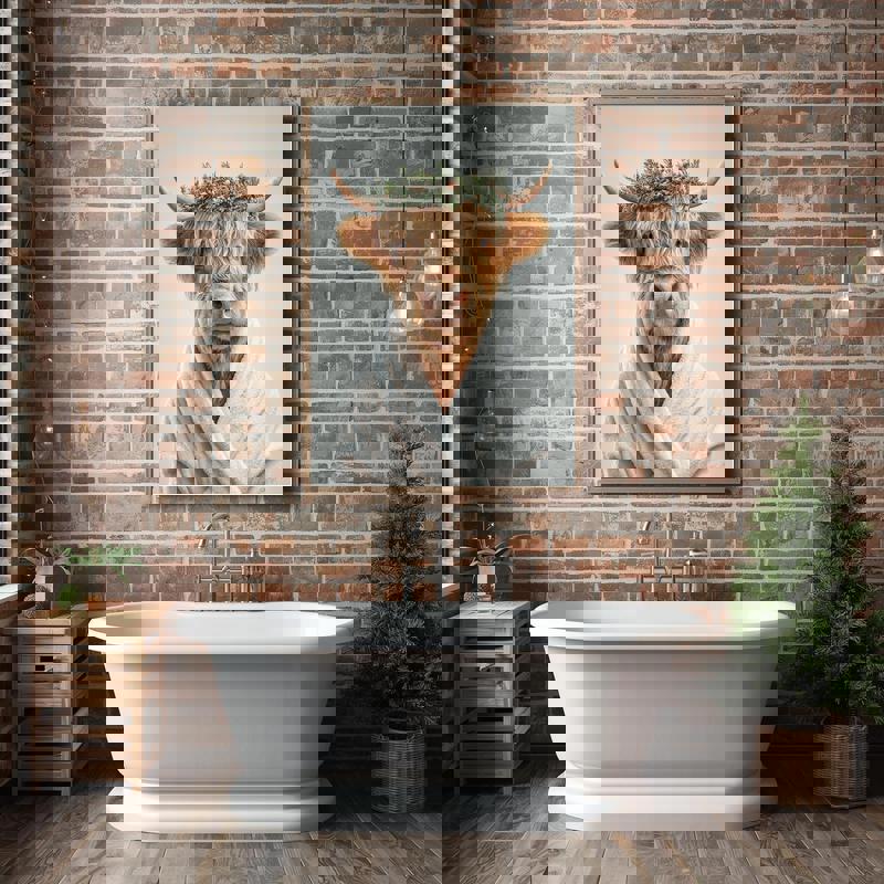 Highland cow in white bathrobe with green wreath canvas print, cheerful Christmas accent for bathroom gallery wall decor