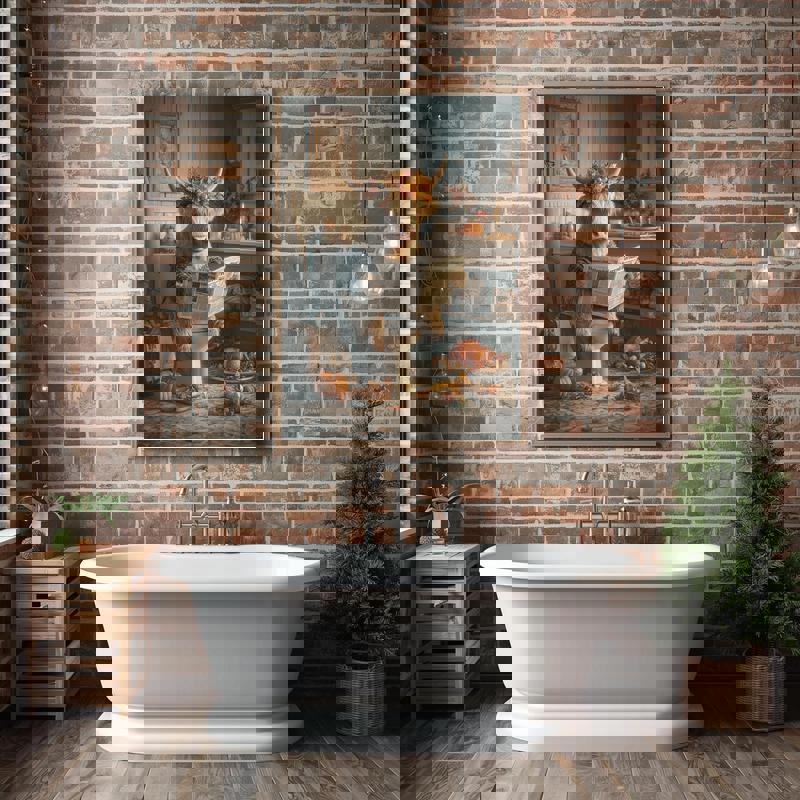 Highland cow bathroom canvas, close-up cow on toilet with corn husks and autumn leaves, warm orange-gold palette for fall