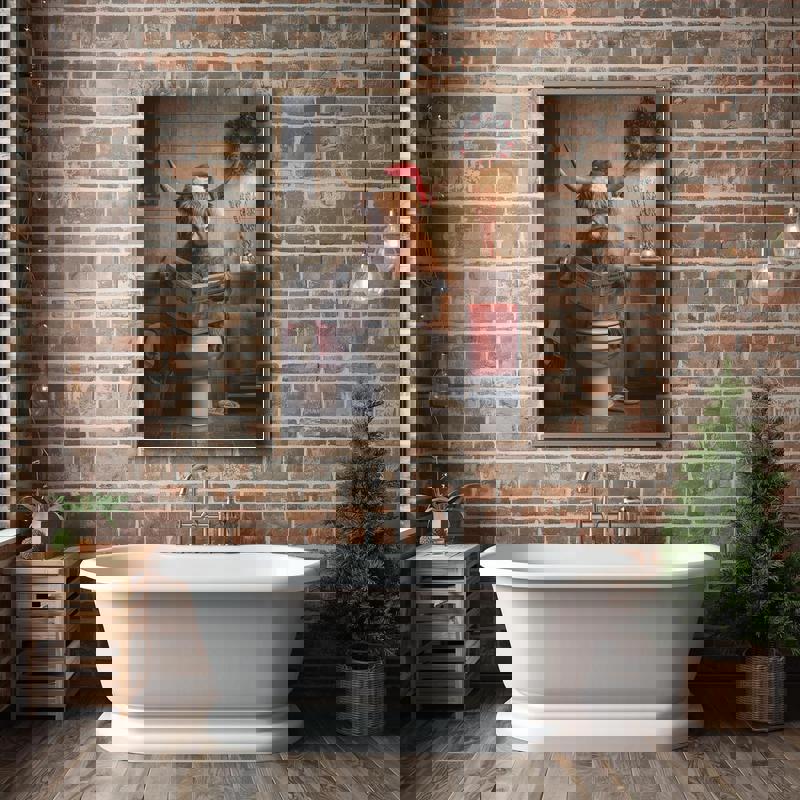 Highland cow with Santa hat reading newspaper on toilet canvas, funny Christmas bathroom art, gag gift for farmhouse lovers