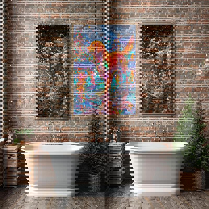 Christmas dog bathroom canvas, expressive oil brush strokes capture a joyful shake; thoughtful holiday gift for dog lovers