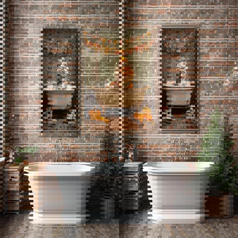 Cute cat in bubble bath autumn canvas print for bathroom decor, sweet gift for cat lovers and fall housewarming