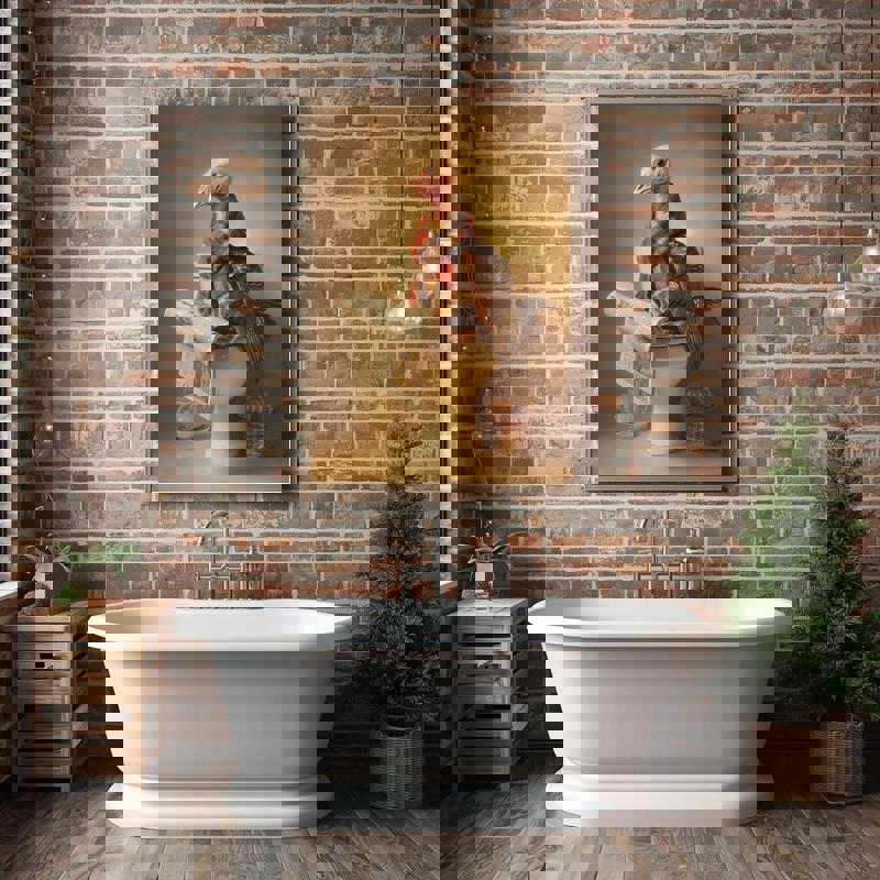 Turkey on toilet farmhouse canvas, plaid scarf detail, rustic bathroom wall decor in neutral tones for country-style homes.