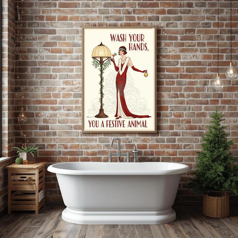 Festive Wash Your Hands canvas print featuring navy and silver snowflakes, cheerful bathroom reminder, portrait orientation